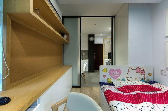 单身公寓装修很不错,没有客厅,但住下了三口之家!