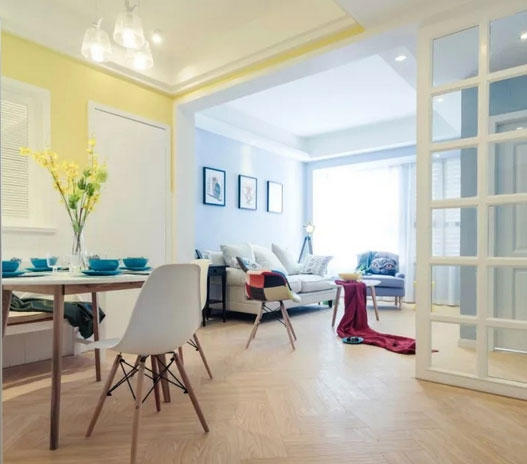 简约风格三房装修,蓝色与黄色搭配,效果不一般!