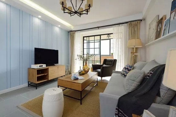 简约清新格调的三房装修,都说蓝色电视背景墙很大气!