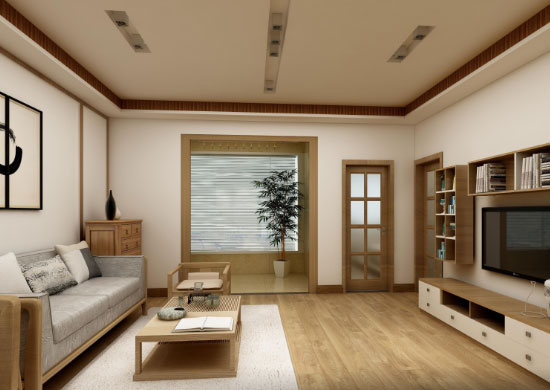 原木质感的小两房装修很温馨,电视墙上装吊柜,真是美观又实用!