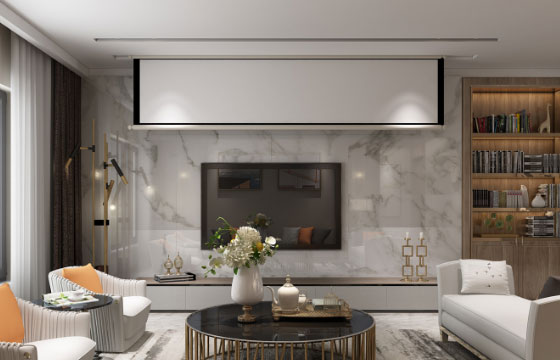 轻奢风格三房装修很震撼,瓷砖电视背景墙,加装伸缩投影幕布!