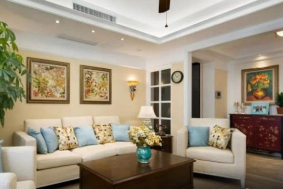 墙面刷绿色黄色乳胶漆,美式风格三房装修,完工后效果太美了!