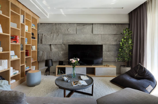 木板做书柜墙被说太丑,入住后发现真实用!文化石电视墙最漂亮!