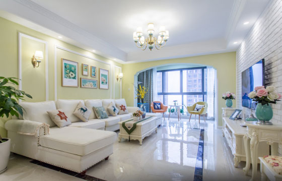 田园风格三房装修很温馨,嫩黄色墙面太美了,打通的阳台最实用!