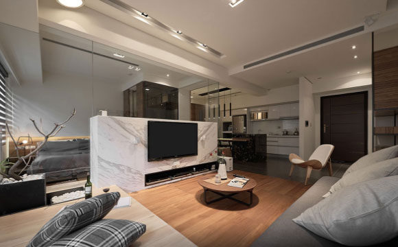 两房改一房,用玻璃做隔墙,砖砌矮墙挂电视,看着真是漂亮!