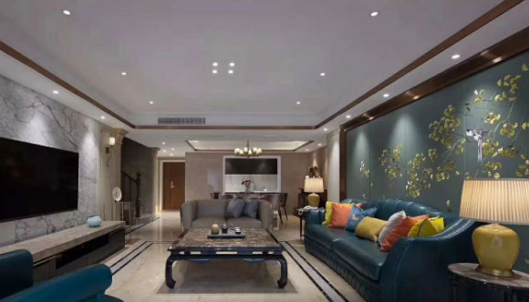 大气的美式混搭风格跃层装修,墙纸沙发墙大理石电视墙真是漂亮!