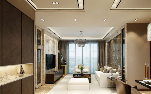 很有质感的现代风格装修设计图，大理石电视墙沙发墙真是大气！