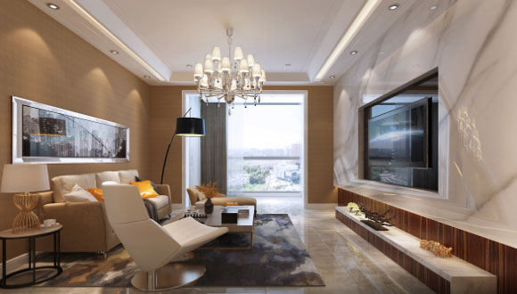 现代风格三房装修图，温暖的土黄色墙面，大理石电视墙真大气！