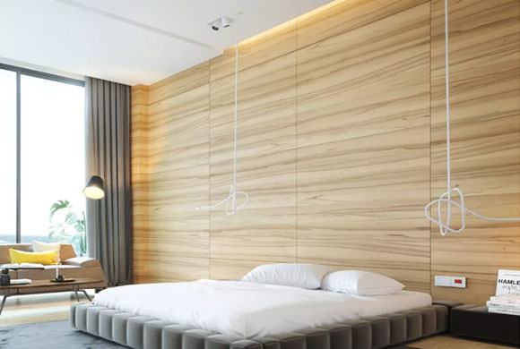 舒适的原木卧室床头背景墙装修,让自然陪伴我们安然入睡!