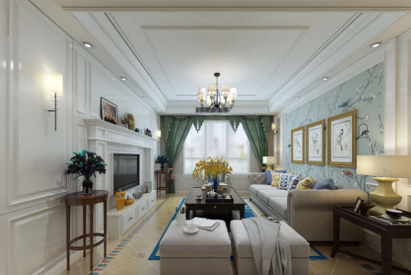 漂亮大气的现代美式风格三房装修，壁炉造型电视背景墙真少见！