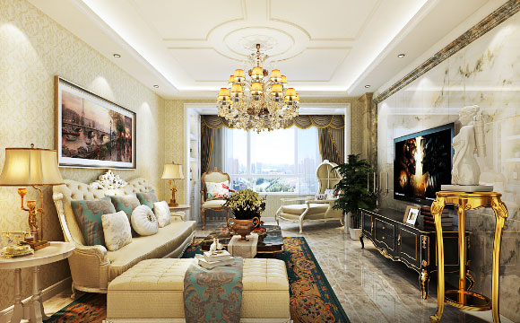 奢华欧式风格装修,全屋墙纸装饰加大理石电视背景墙,真大气!