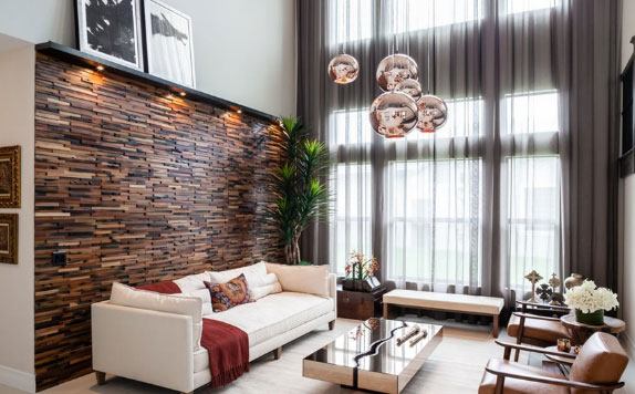 设计简洁的叠墅装修案例，客厅文化石沙发背景墙最漂亮！晒晒！