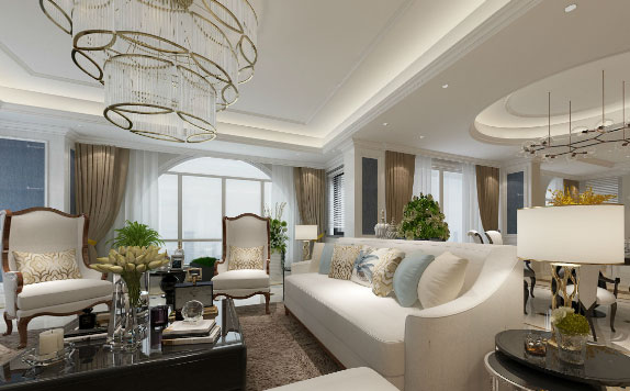 现代美式风格装修效果图，有点轻奢感的大气空间，色彩搭配完美！