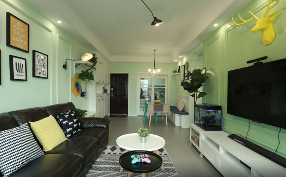 田园风格三房装修,美式混搭清新别致,绿色墙面你能接受吗?