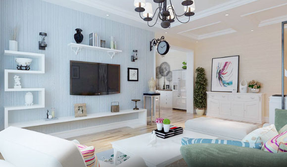 靓丽时尚的三房装修效果图，电视背景墙设计简洁却很漂亮！