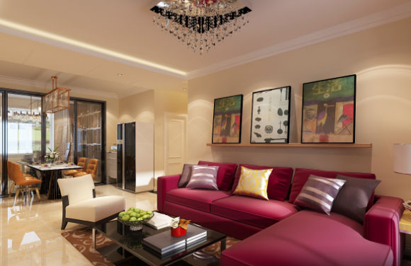 简约现代风格装修设计效果图，红色布艺沙发显得有些妖艳！