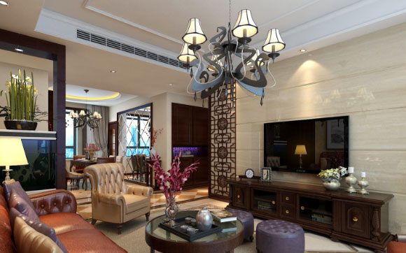 现代中式美式混搭风格装修设计很完美，电视背景墙更漂亮！