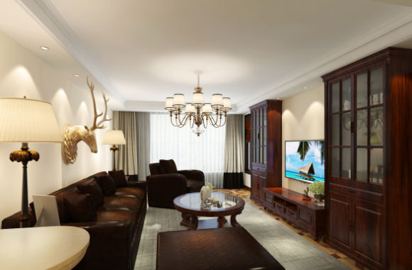 打通客厅阳台的美式风格装修设计，深棕色实木家具大气而庄严！