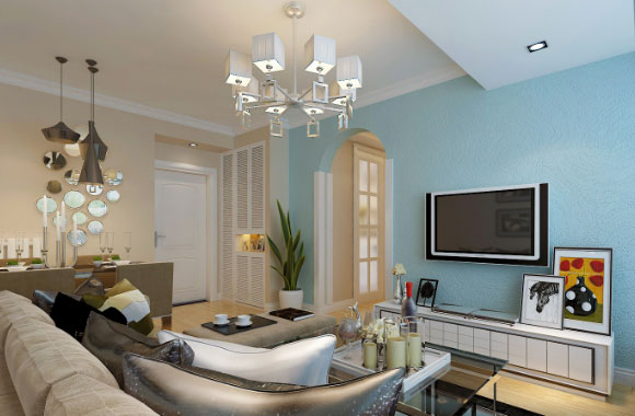 用蓝色乳胶漆装饰电视背景墙，现代风格装修设计简洁却很温馨！