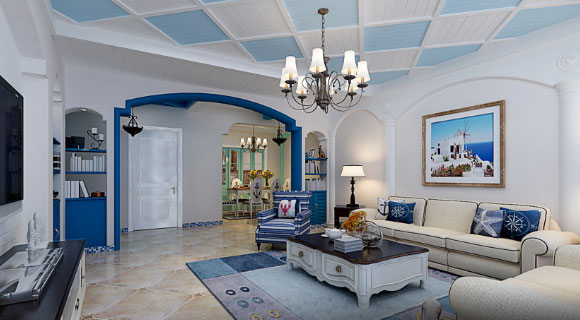 蓝色地中海风格装修设计，仿古地面砖加马赛克踢脚线，喜欢吗？