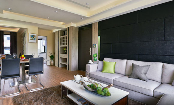 时尚大气的现代风格三房装修，黑色皮艺软包沙发墙没见过！