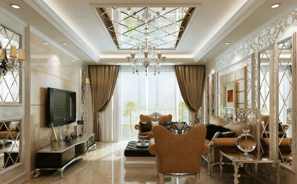 108㎡三房装修设计，客厅吊顶装玻璃，大理石电视背景墙很大气！