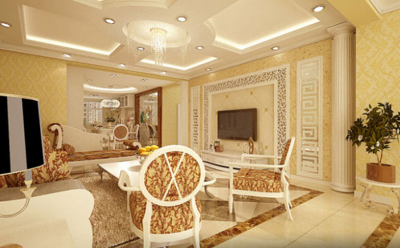 华而不奢的简欧风格装修设计，用罗马柱装饰电视背景墙真是很大气！