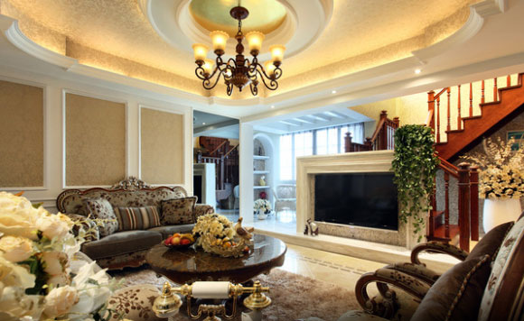 现代美式风格叠拼别墅装修真大气，客厅吊顶设计非常漂亮！