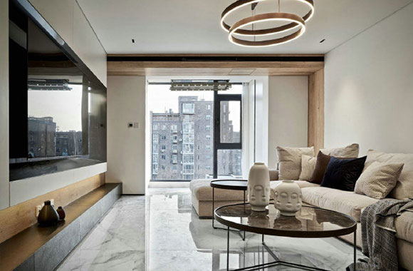 电视柜挂墙上，墙面刷水泥色乳胶漆，很有个性的现代风格装修！