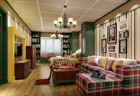 色彩搭配稍显花哨的美式风格装修,床头两侧装柱子格外实用!