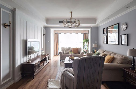 舒适的简美风格三房装修,全屋铺木地板,淡蓝色墙面更精致!