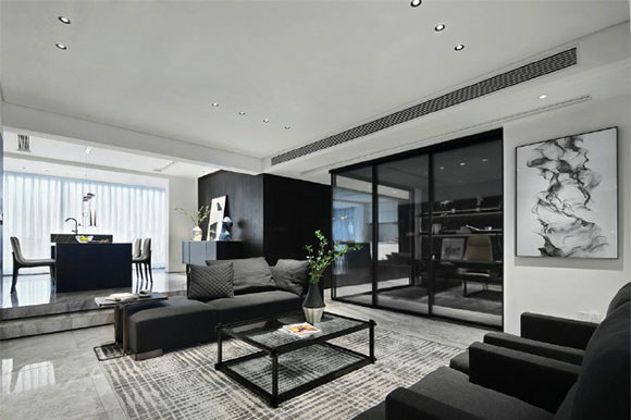 黑白色酷炫家居空间，玻璃推拉门隔出书房，全屋设计真大气！