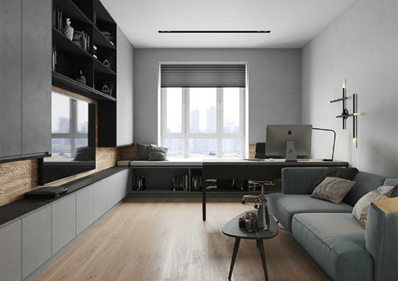 现代风格两房装修设计，优雅精致的时尚空间！书房面积真大！