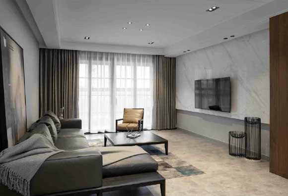 灰色调的现代风格装修，客厅不放电视柜，大气稳重很高级！