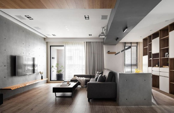 现代风格装修，水泥电视墙真大气，木地板做吊顶见过吗？