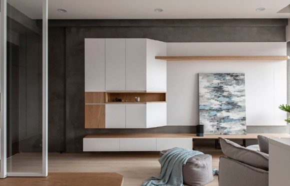 客厅地面抬高装榻榻米配折叠门,挂墙电视柜简洁大气,实用!