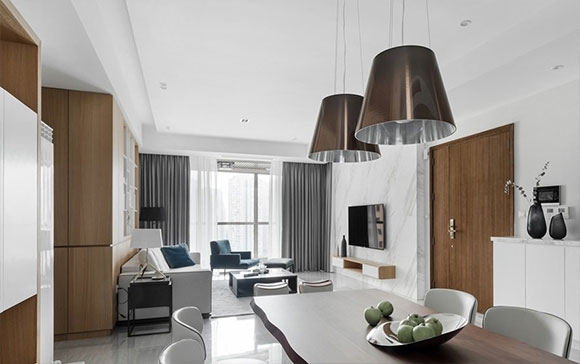 现代风格装修，设计简洁却温暖幸福，沙发墙定制储物柜真实用！