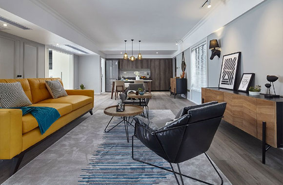 客餐厅厨房一体的时尚空间，现代风格装修，灰色卫生间很高级！