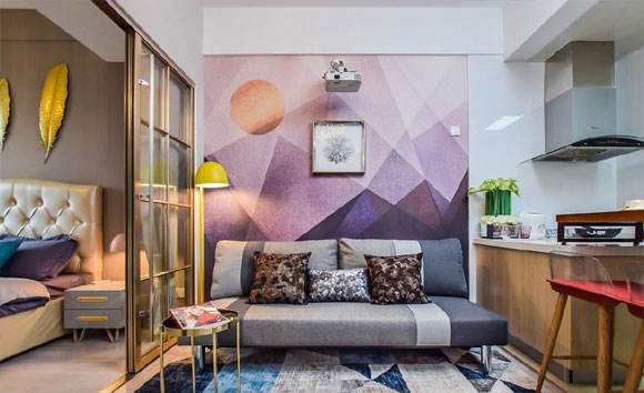 时尚个性的单身公寓装修，轻奢风设计够档次，吧台当餐桌更实用！