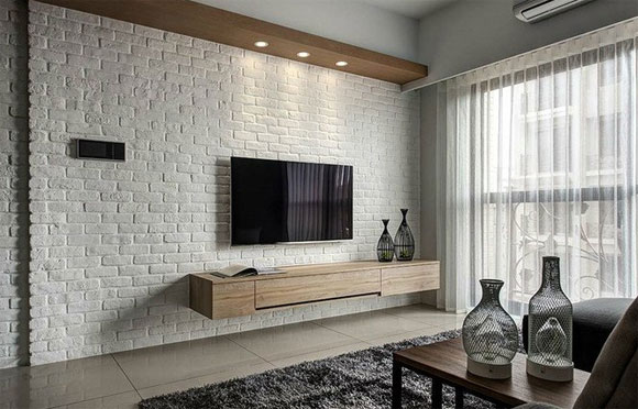 实用的现代风格装修，白色文化石电视墙典雅精致，收纳设计很强大！