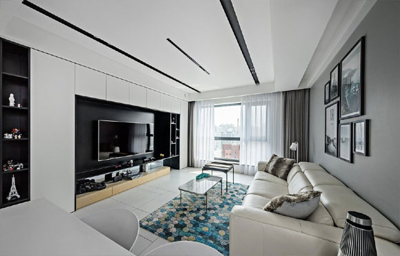 清爽舒适的现代风格装修，开放式厨房，满墙电视柜，真大气！