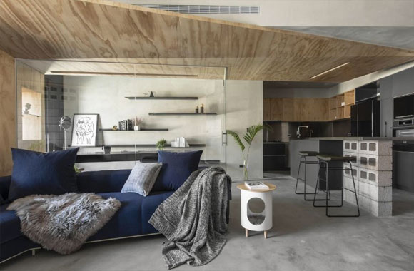 木板隔墙装吊顶,水泥色乳胶漆墙面,另类个性的生活空间!