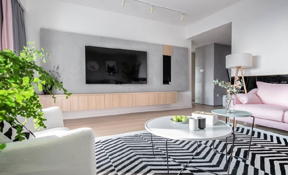 水泥色墙面挂墙电视柜，时尚个性的现代风格装修，设计很完美！