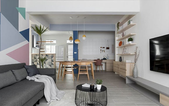 墙面刷大白没有吊顶,装修效果很出彩,几何图案沙发背景墙真好看!