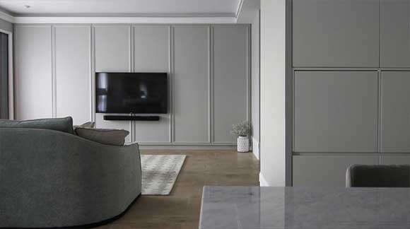 灰色调的轻奢时尚空间，沙发墙设计真少见，精致优雅很温馨，晒晒！