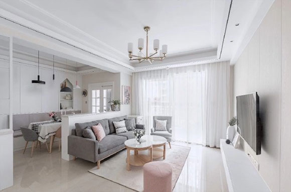 88㎡轻奢风三房装修,定制矮柜当隔断,榻榻米儿童房,实用又高级!