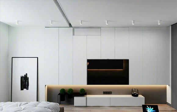 时尚的公寓装修效果图,窗帘隔出卧室,定制电视柜,全屋很实用!