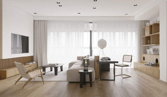 原木日式风格装修设计，极简双色空间平淡而温馨，电视墙很少见！