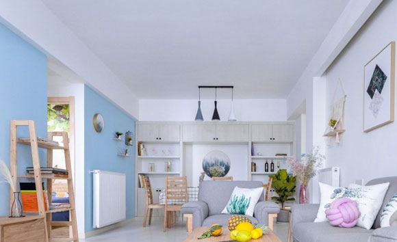 漂亮的两房装修，卧室背景墙图案真大胆，全屋设计简洁很实用！