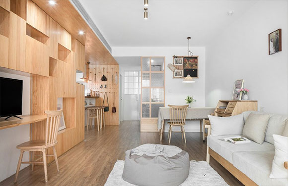 70㎡简约风格两房装修,入户装玻璃隔断墙,很实用的小户型空间!